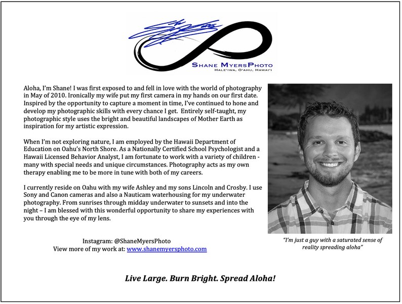May include: A black and white photo of a man smiling. The man is wearing a plaid shirt. The text "I'm just a guy with a saturated sense of reality spreading aloha" is below the photo. The text "Live Large. Burn Bright. Spread Aloha!" is at the bottom of the image.