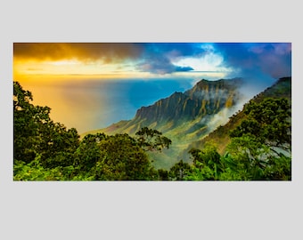 Panoramic Aluminum Fine Art print of an unreal sunset on the Na Pali Coast, Kauai, Hawaii titled "Kalalau"