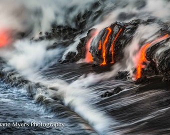 Aluminum/Canvas Fine Art print of Lava flowing into the Ocean on Big Island titled "Lava You Too"