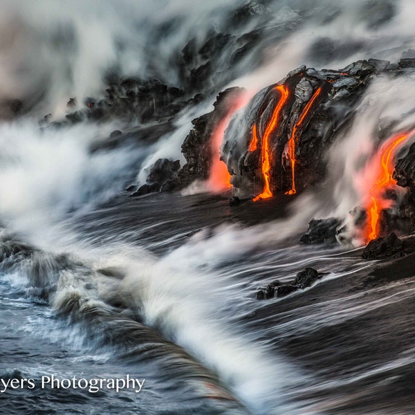 Aluminum/Canvas Fine Art print of Lava flowing into the Ocean on Big Island titled "Lava You Too"