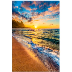 Tunnels Beach Na Pali Coast Kauai Sunset on Beach Photo Aluminum / Canvas Print Wall Ar