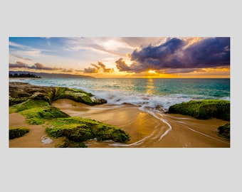 Panoramic Aluminum Fine Art print of an unreal sunset on North Shore, Oahu, Hawaii titled "Stars Unite"