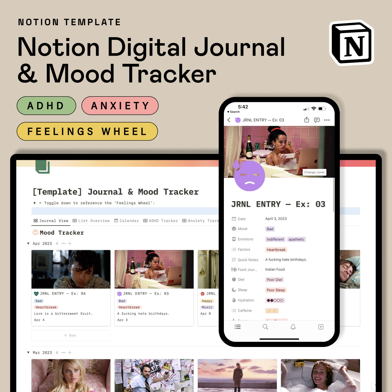 Notion Template — The Ultimate Digital Journal & Mood Tracker, with ADHD and ANXIETY Reporting - Fully Customizable