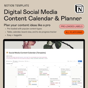 Notion Template — Digital Social Media Content Calendar & Planner. Customizable Built-In Labels. For Creators, Influencers, Small Businesses