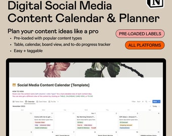 Notion Template — Digital Social Media Content Calendar & Planner. Customizable Built-In Labels. For Creators, Influencers, Small Businesses