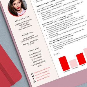 May include: A resume for a beauty editor with a pink background and a headshot of the candidate. The resume lists the candidate's experience, education, and skills. The skills listed are Wordpress, Photoshop, and Incopy.