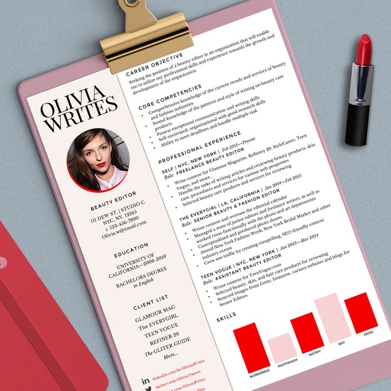 May include: Olivia Writes resume with a headshot, listing her experience as a beauty editor for publications such as Glamour Magazine, Refinery 29, and Teen Vogue. Her skills include Wordpress, Photoshop, Incopy, SEO, and Excel.
