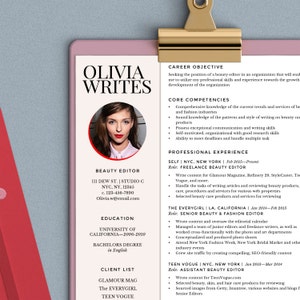 May include: Olivia Writes, a beauty editor's resume with a headshot, lists her experience, education, and client list.  She worked as a freelance beauty editor for Glamour Magazine, Refinery 29, StyleCaster, Teen Vogue, and more.