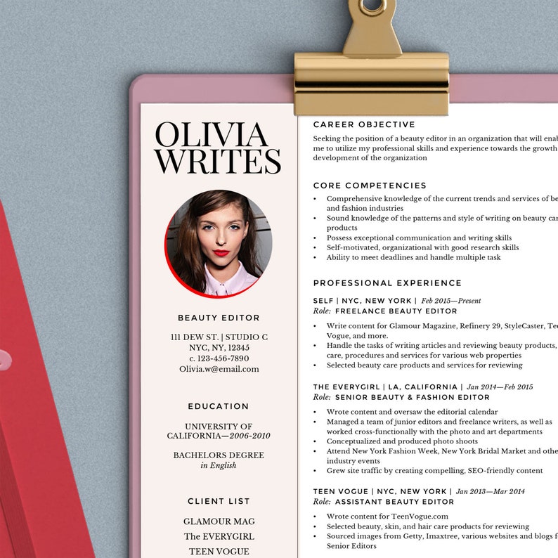 May include: Olivia Writes, a beauty editor's resume with a headshot, lists her experience, education, and client list.  She worked as a freelance beauty editor for Glamour Magazine, Refinery 29, StyleCaster, Teen Vogue, and more.