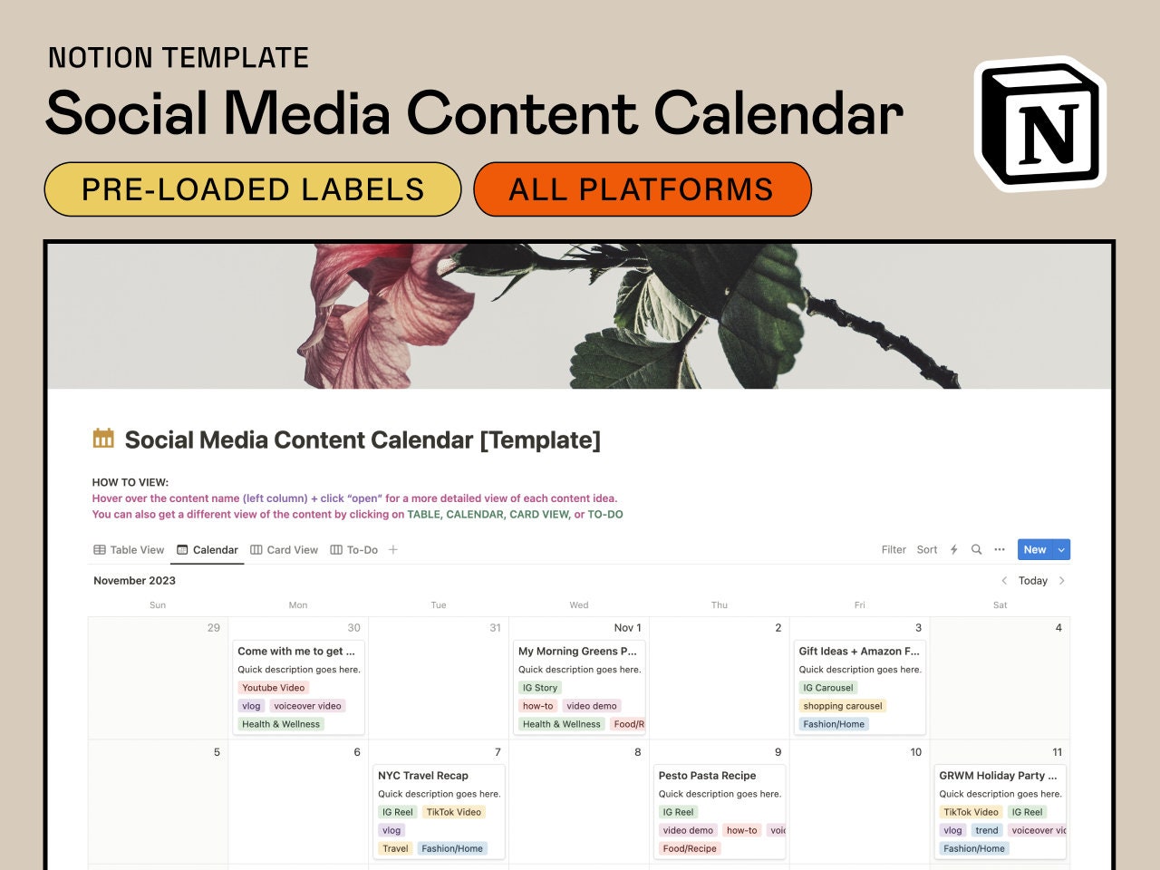 Notion Template — Digital Social Media Content Calendar & Planner ...