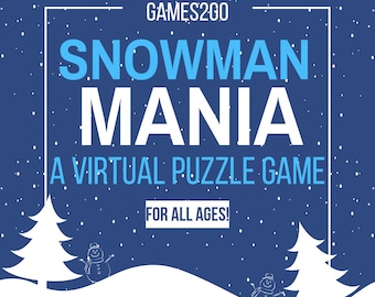 May include: A blue and white illustration of a snowman with the text "SNOWMAN MANIA A VIRTUAL PUZZLE GAME FOR ALL AGES!" on a blue background with white snowflakes.