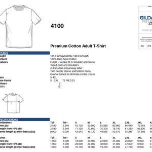 May include: White adult t-shirt with a Gildan Premium Cotton Ring Spun label. The t-shirt has a crew neck and short sleeves. The size chart shows measurements in inches and centimeters.