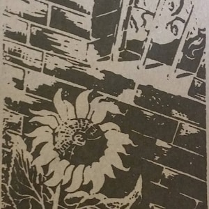 Op de afbeelding: Zwart-witte illustratie van een zonnebloem met een bakstenen muur op de achtergrond. De tekst "plunger" staat bovenaan de afbeelding.