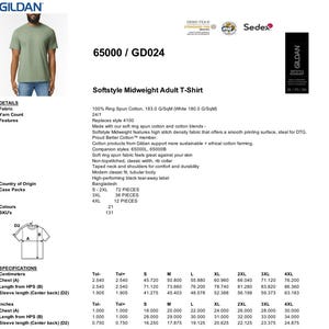 May include: A green short-sleeved t-shirt with the text "Softstyle Midweight Adult T-Shirt" and product details. The shirt is made of 100% ring spun cotton and is available in sizes S-4XL.