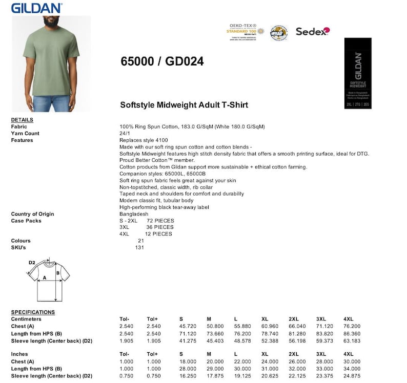 May include: A green short-sleeved t-shirt with the text "Softstyle Midweight Adult T-Shirt" and product details. The shirt is made of 100% ring spun cotton and is available in sizes S-4XL.