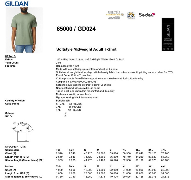 May include: A green short-sleeved t-shirt with the text "Softstyle Midweight Adult T-Shirt" and product details. The shirt is made of 100% ring spun cotton and is available in sizes S-4XL.