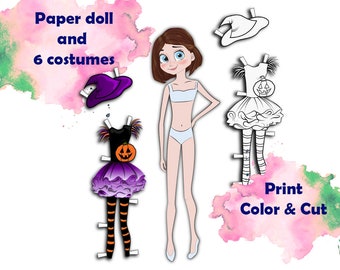Paper doll printable with coloring halloween costumes - instant download