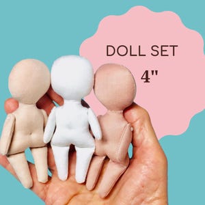 May include: Set of three 4-inch dolls in different colours: beige, white, and light pink. The dolls are made of fabric and have simple features.