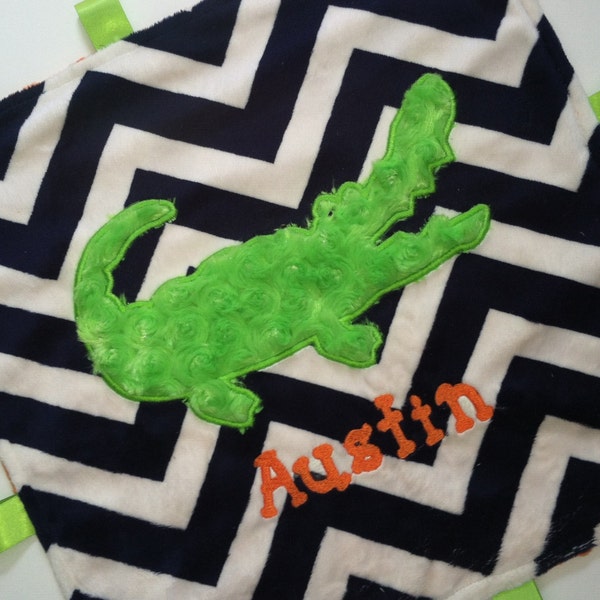 Personalized Baby Blanket, Alligator Lovey Size, Minky Baby Blanket, Sensory Ribbons, Lovey Size, Custom Blanket