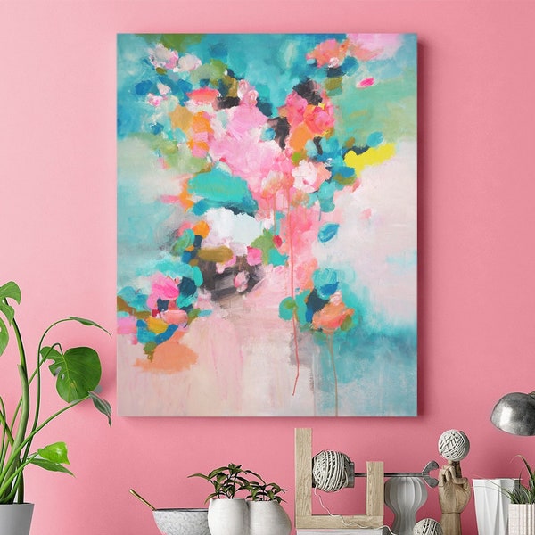 Coral Blush Blossoms Fine Art Print, Abstract Mint Pastel Interior Design, Bright Pink Contemporary Interior, Home Decor, UK