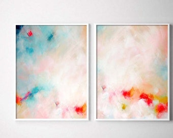 White Coral Set of 2 Abstract Prints, Hot Pink Floral Canvas, Pastel Home Decor, Blush Wall Art