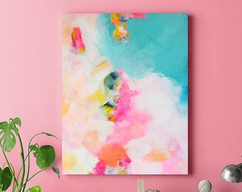 Miami Mint Abstract Fine Art Print, Teal Pink, Gold Leaf, Embellished Art, Interior Design, Wall Decor, Aesthetic UK