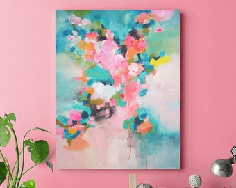 Coral Blush Blossoms Fine Art Print, Abstract Mint Pastel Interior Design, Bright Pink Contemporary Interior, Home Decor, UK