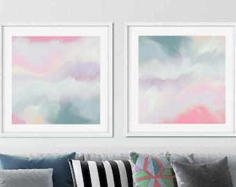 Zen Blush Clouds Abstract Set of 2 Fine Art Prints, White Interior Design, Light Pink Painting, Soft Grey Wall Art