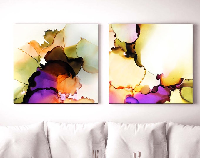Persimmon Sage Abstract Art Print Set, Violet Floral Ink, Modern Decor
