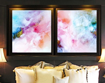 Coral Blush & Teal Abstract Fine Art Print Set, Interior Design, Soft White Modern Acrylic painting uk