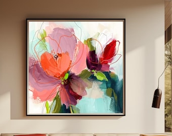 Teal Floral Textured Art Print: Abstract Orange Wall Decor,