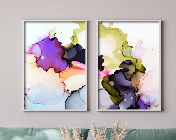 Abstract Olive Green & Violet Art Print Set: Eclectic Home Decor