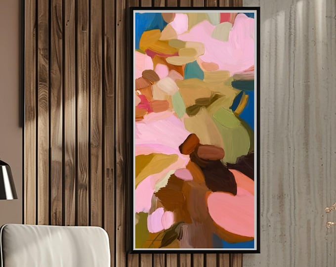 Pastel Pink Floral Abstract Print:  Narrow Teal Blue Wall Art, Textured Canvas