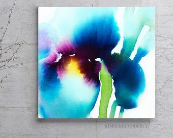 Iris Abstract Fine Art Print, Watercolour, Aqua Green Teal Floral Ink, Large Square Flower Canvas