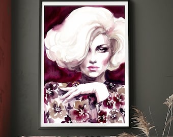 Fashion lllustration, Burgundy Floral Art Print: Platinum Blonde Hairdo