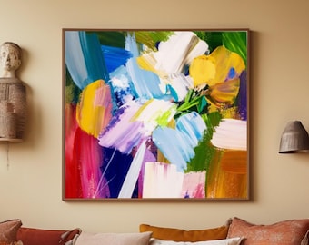 Yellow Flowers Abstract Fine Art Print, Bright Blue Wall Art, Teal Green Decor, Red Gold  Accents, UK artist