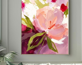 Light Pink, Lime Green Abstract Floral Art Print: Peony Wall Decor