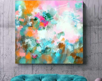 Coral Mint Flowers Abstract Fine Art Print, Modern Room Decor Aesthetic, Floral Wall Art,  UK Artist