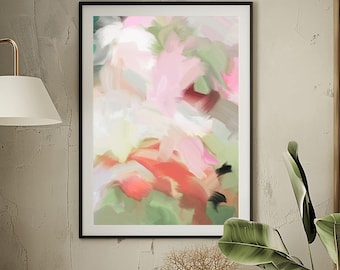 Coral Petals Abstract Floral Art Print, Pastel Sage Green Decor