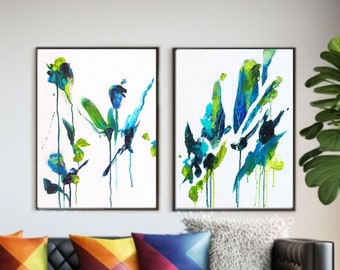 Cyan Petals Abstract Art Print Set, Modern Blue Interior Design, Acrylic Painting, Room Aesthetic Wall Art, UK
