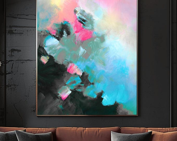 Blue Tempest Abstract Fine Art Print,  Bright Pink Accents, Teal Wall Art