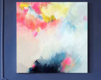 Sale Blush Indigo Sky Abstract Paper Art Print 24x24" borderless, Interior Design, Pink Accents, Navy Blue, UK artist
