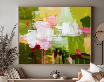 Lime Green Abstract Art Print: Dark Emerald Green Wall Art, Bright Pink Accents