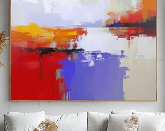 Abstract Red Orange Art Print: Indigo Blue Wall Decor, White Interior Design