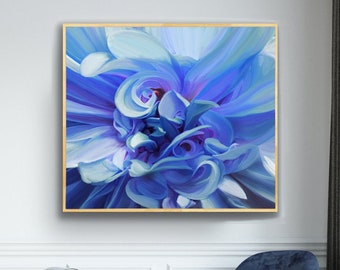 Blue Dahlia Abstract Fine Art Print, Modern Floral Interior Design, Contemporary Blue Aesthetic Wall Art, UK artist
