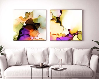 Persimmon Petals Set of Colorful Abstract Art Print, Violet Floral Ink, Modern Interior Design, Livingroom Decor, Orange & Greens