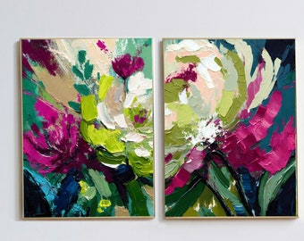 Lime Green Magenta Floral Fine Art Abstract Print Set, Cream White Flower Wall Art, Teal Blue Accents, UK Artist