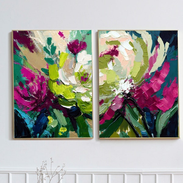 Lime Green Magenta Floral Fine Art Abstract Print Set, Cream White Flower Wall Art, Teal Blue Accents, UK Artist