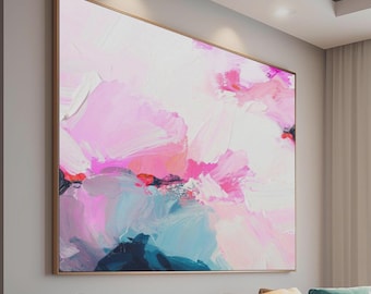 White Abstract Fine Art Print, Pink Coral, Soft Blue Decor, Textured Art, Indigo Accents, Living room Wall Art, UK Artist