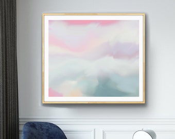 Pink Zen Clouds Abstract Fine Art Print, Contemporary White Zen Canvas, Pastel Blue Grey Aesthetic Decor, UK artist